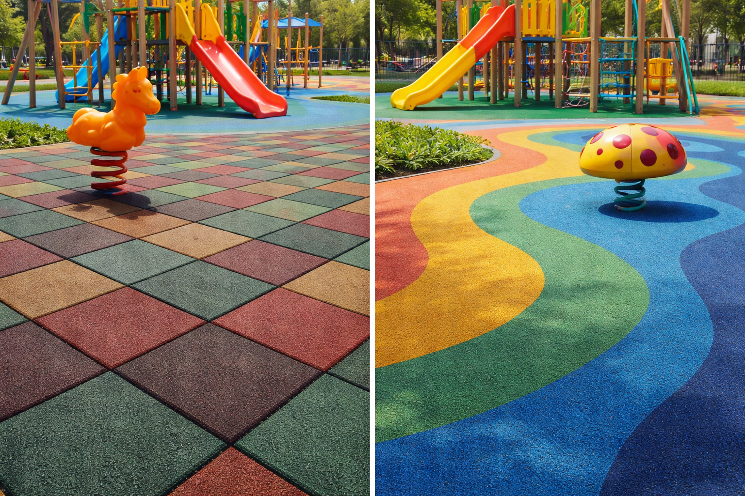 Резиновая плитка или бесшовное покрытие: что лучше выбрать для детской площадки